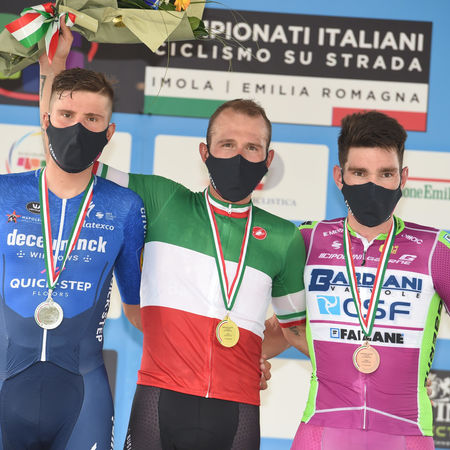 20-06-2021 Campionato Italiano; 2021, Bahrain - Victorious; 2021, Deceuninck - Quick Step; 2021, Bardiani - Csf Faizane; Colbrelli, Sonny; Masnada, Fausto; Zoccarato, Samuele; Figlio Colbrelli, Sonny; Imola; 