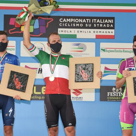 20-06-2021 Campionato Italiano; 2021, Bahrain - Victorious; 2021, Deceuninck - Quick Step; 2021, Bardiani - Csf Faizane; Colbrelli, Sonny; Masnada, Fausto; Zoccarato, Samuele; Figlio Colbrelli, Sonny; Imola; 