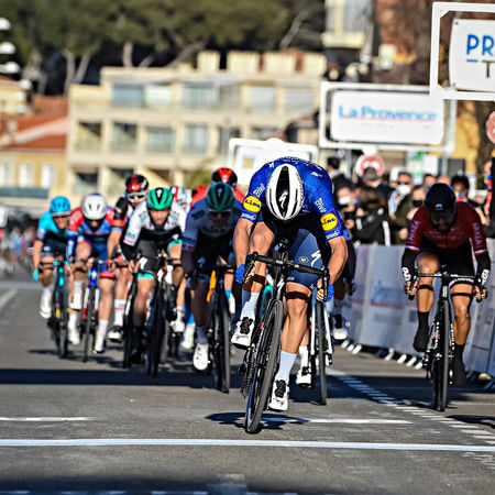 CASSIS, FRANCE - FEVRIER 11: Davide Ballerini of team DECEUNINCK - QUICK - STEP, Arnaud Demare of team Groupama – FDJ  durant l'etape 1 Aubagne Ð Six Fours les Plages du Tour de Provence 2021. Le 11 fevrier 2021, Cassis, France (Photo by James Startt/Agence Zoom)